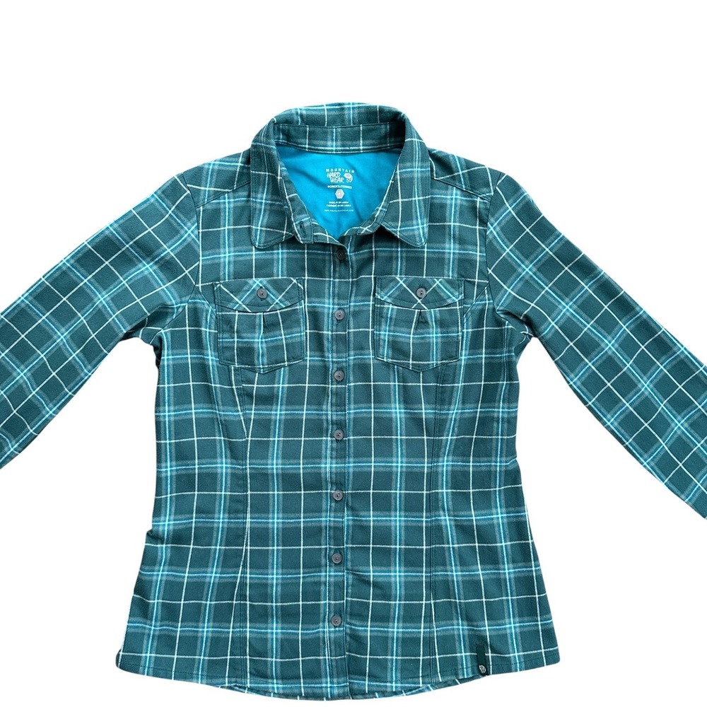 Mountain Hardwear Flannel Shirt Womens 6 Teal Plaid Long Sleeve Hiking Outdoor